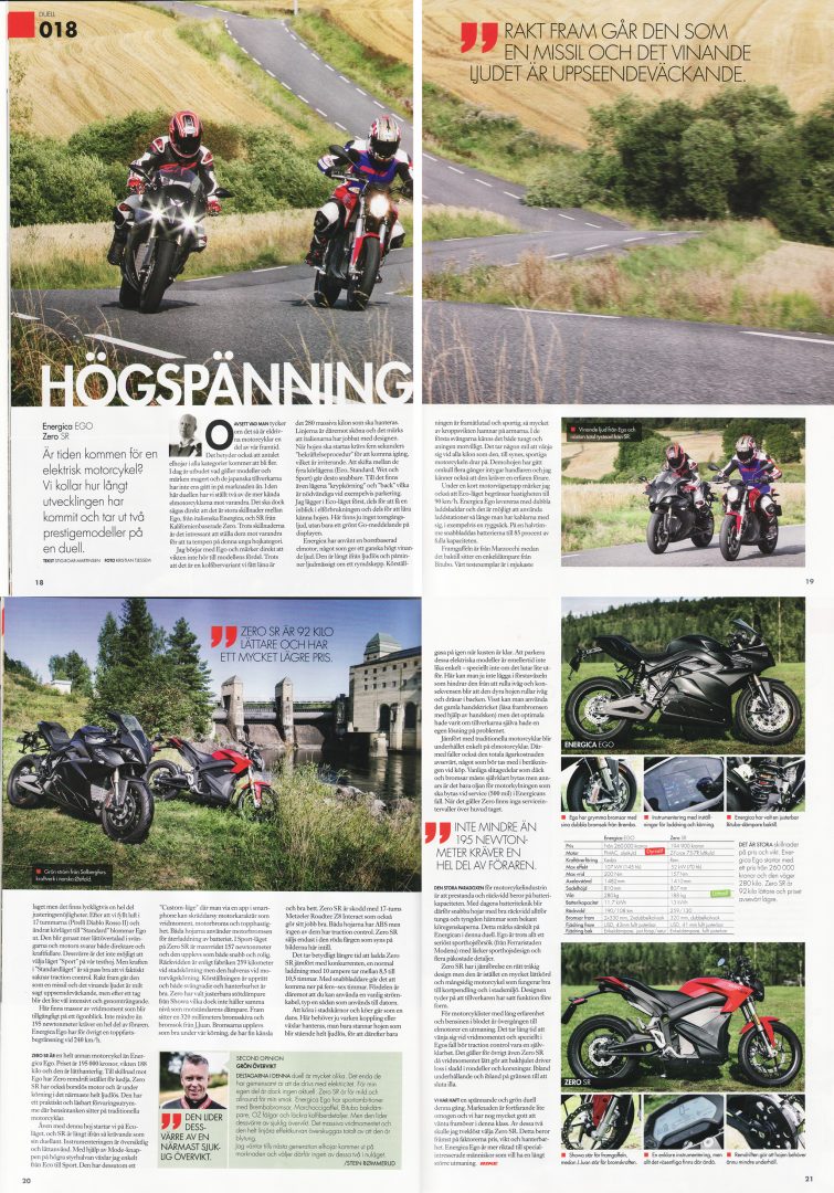 Tidningen Bike testar Zero SR mot Energica EVO Bild: Faksimil ur tidningen Bike nr 10, 2017 sid 18-21.
